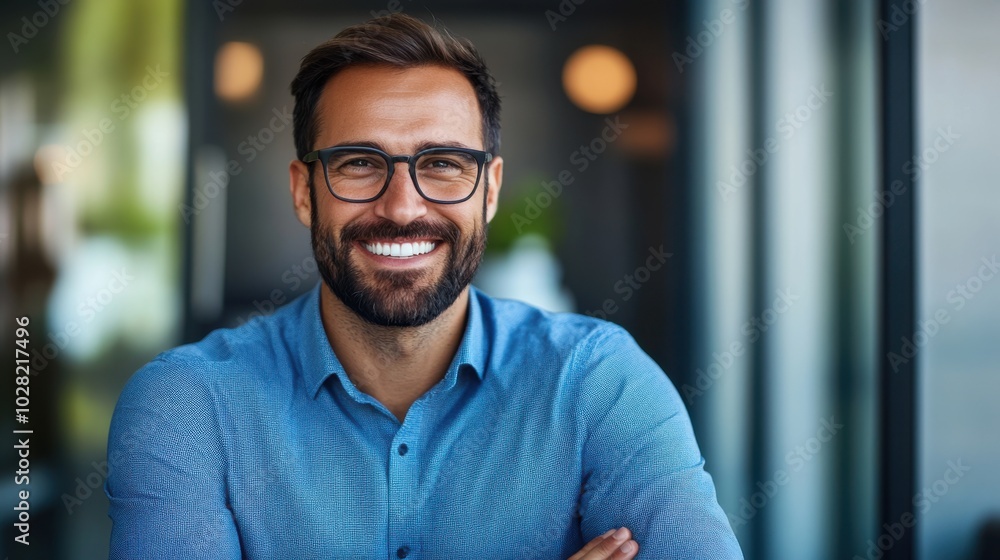 Confident Man Smiling in Professional Environment Confident Man Smiling in Professional Environment