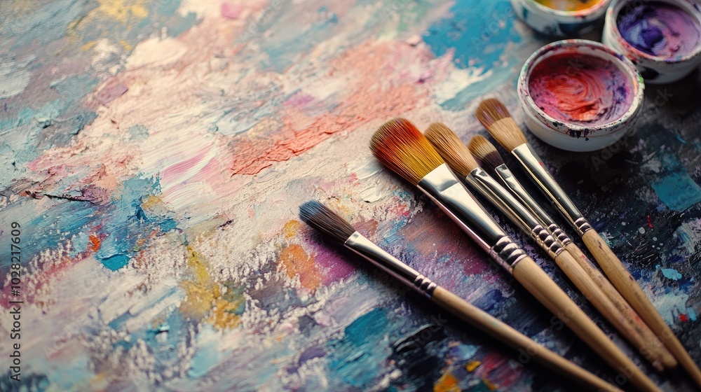 Fototapeta premium Artistic flat lay with paintbrushes, watercolors, and a sketchbook on a textured background, perfect for creative project visuals