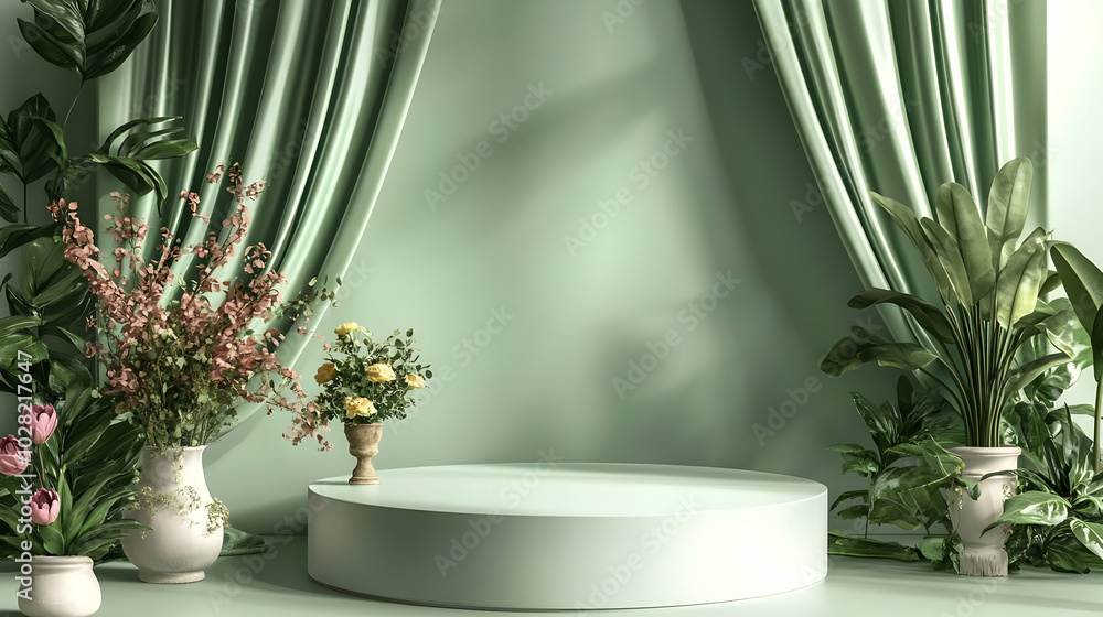 Green and Floral Product Display with Podium. Green and Floral Product Display with Podium.