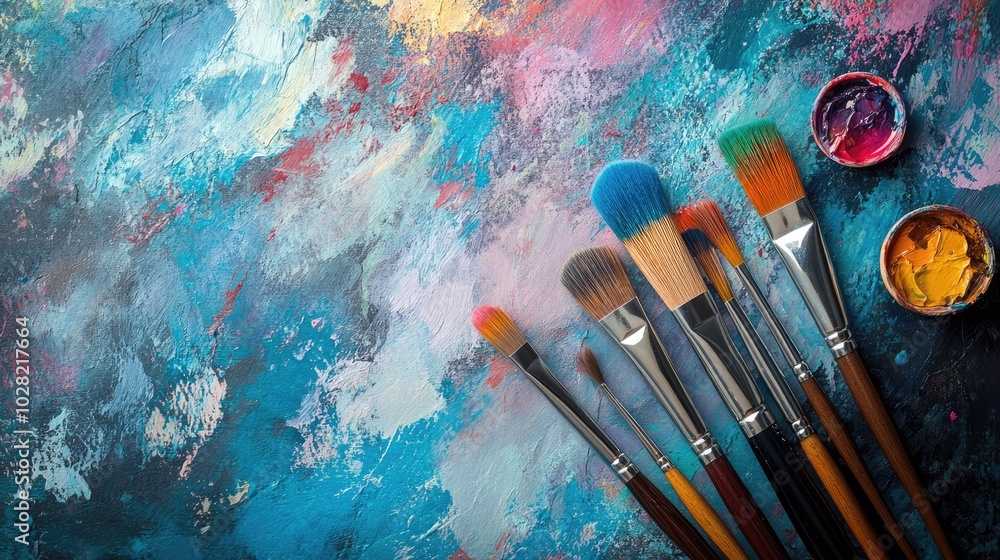 Fototapeta premium Artistic flat lay with paintbrushes, watercolors, and a sketchbook on a textured background, perfect for creative project visuals