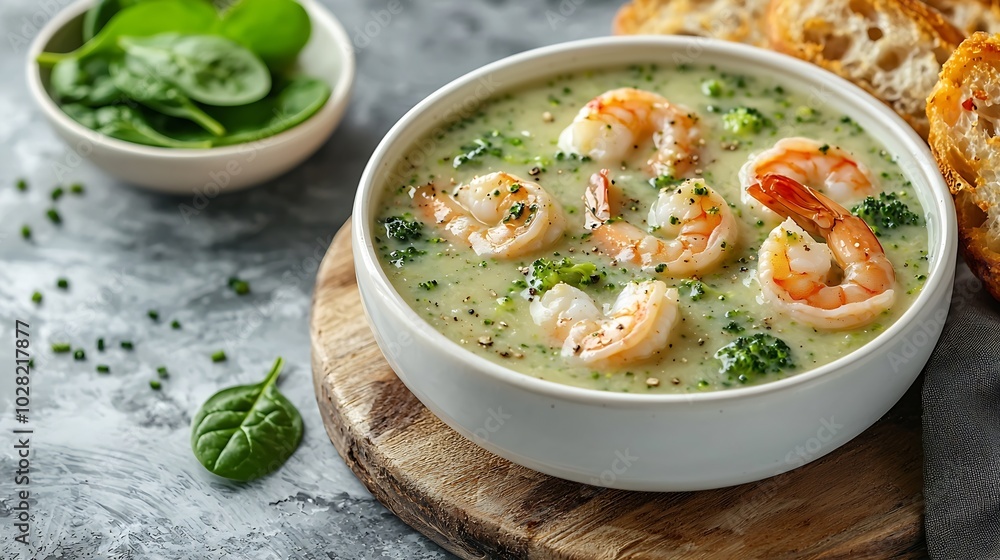 Broccoli spinach cream soup with shrimp in a white bowls on a wooden board Top view : Generative AI Broccoli spinach cream soup with shrimp in a white bowls on a wooden board Top view : Generative AI