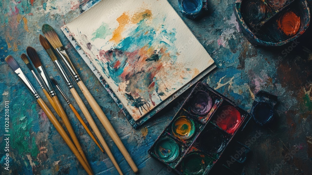 Fototapeta premium Flat lay of paintbrushes, watercolor paints, and an open sketchbook on a textured background, perfect for artistic and creative content