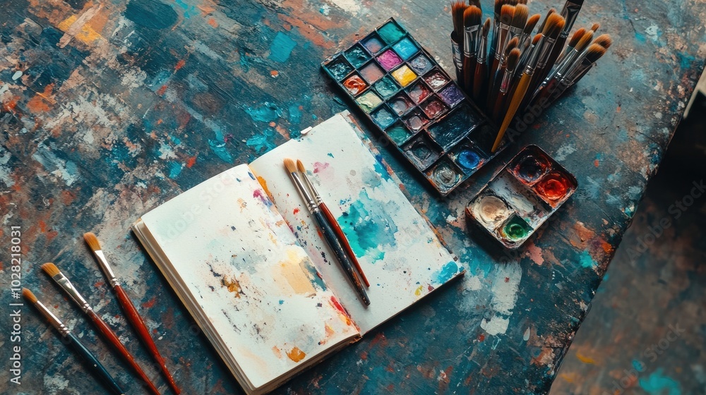 Flat lay of paintbrushes, watercolor palettes, and an open sketchbook, placed on a textured surface for artistic and creative visuals Flat lay of paintbrushes, watercolor palettes, and an open sketchbook, placed on a textured surface for artistic and creative visuals