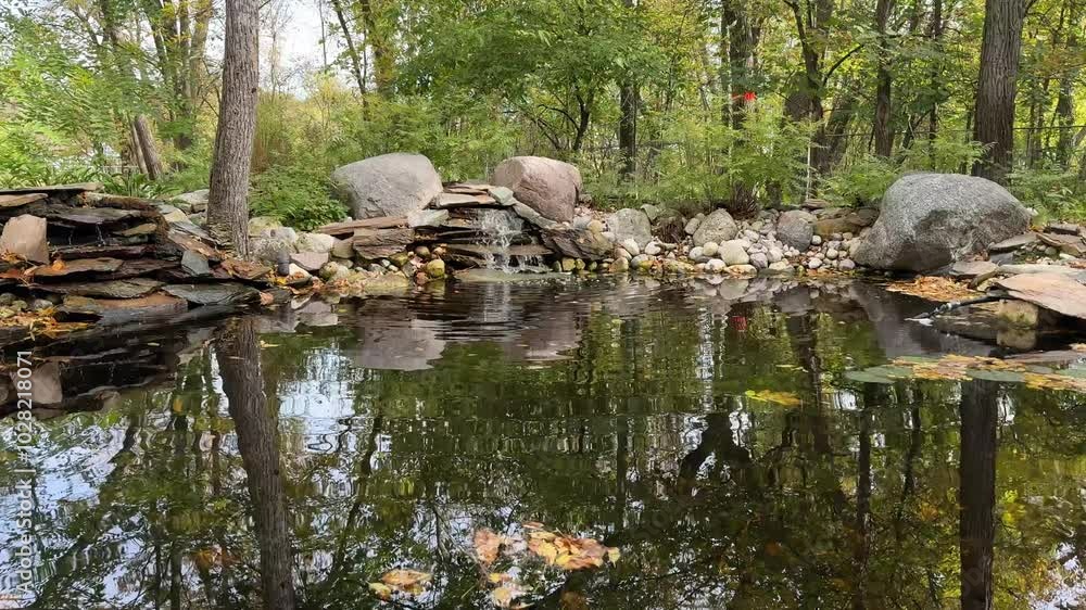autumn forest pond with leaves on the surface and rocks around autumn forest pond with leaves on the surface and rocks around