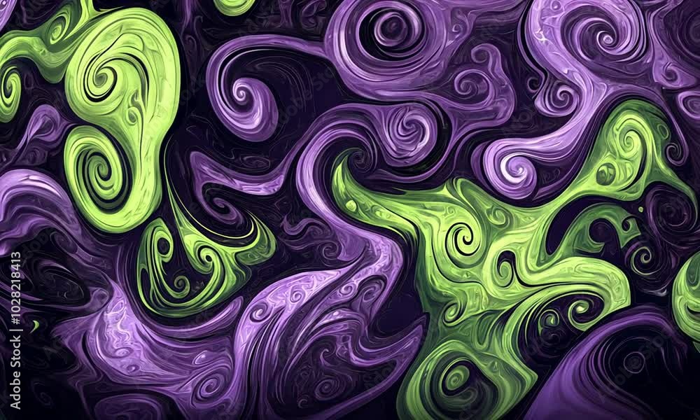 Abstract swirling patterns in vibrant green and purple colors create a dynamic visual effect. Abstract swirling patterns in vibrant green and purple colors create a dynamic visual effect.