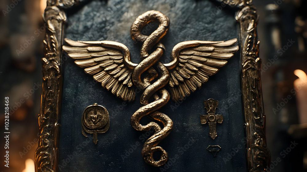 Obraz premium Golden Caduceus with Wings on a Dark Background.