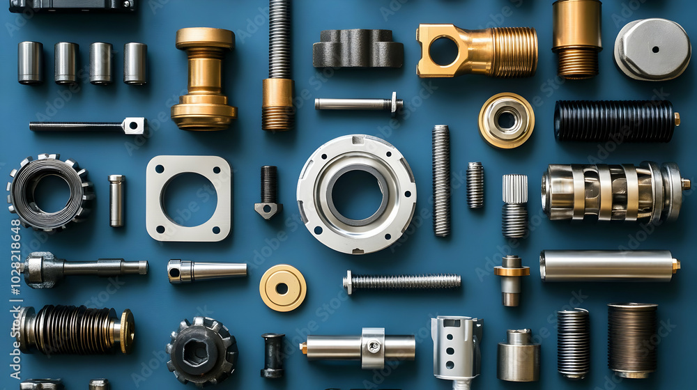Industrial Machine Parts, Screws, Nuts, and Bolts in Flat Lay Pattern.
