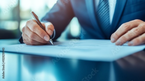 A photostock image of a consultant working on a project proposal at a desk , --no grunge, space for text, people, splash, dust