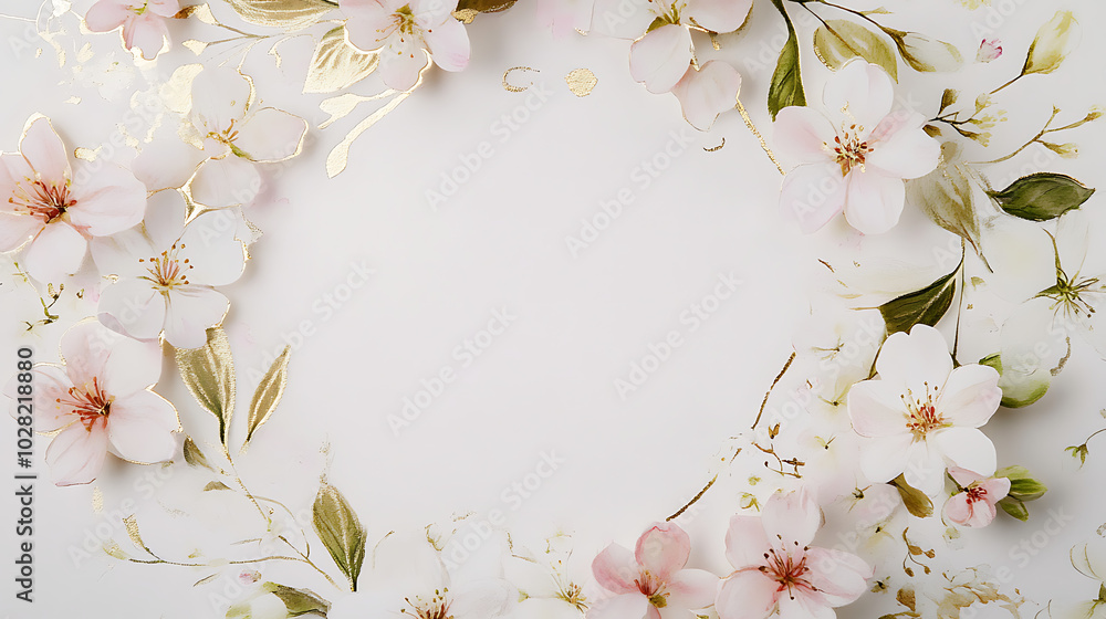 Obraz premium Romantic wedding invitation card with a wreath of pink and white blossoms surrounding gold foil text, creating a timeless and sophisticated look 