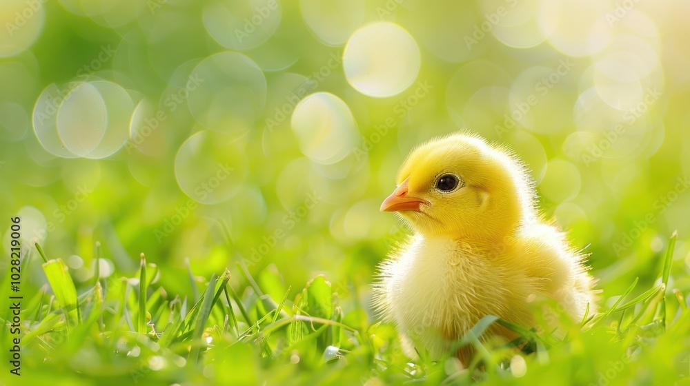 Cute little chick in green grass Cute little chick in green grass