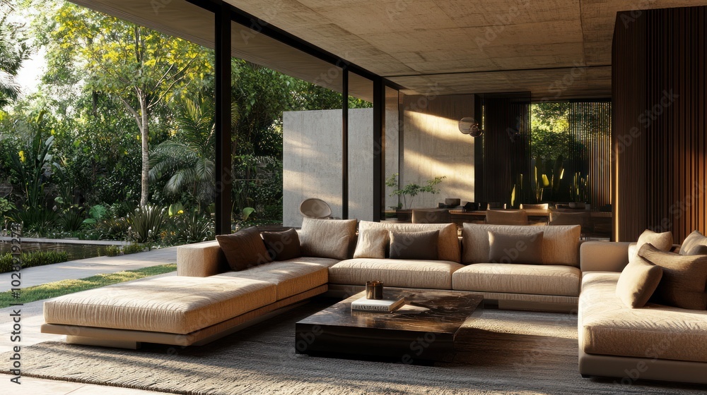 A modern, cozy living room with a view of nature, designed for relaxation and comfort. A modern, cozy living room with a view of nature, designed for relaxation and comfort.