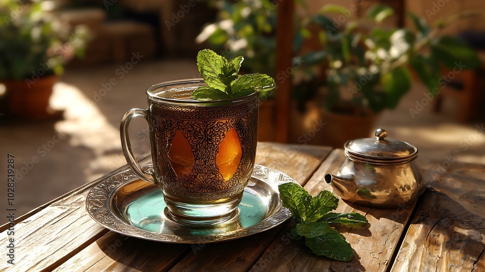 Mint tea Moroccan traditional drink in glass Copy space Close up : Generative AI Mint tea Moroccan traditional drink in glass Copy space Close up : Generative AI