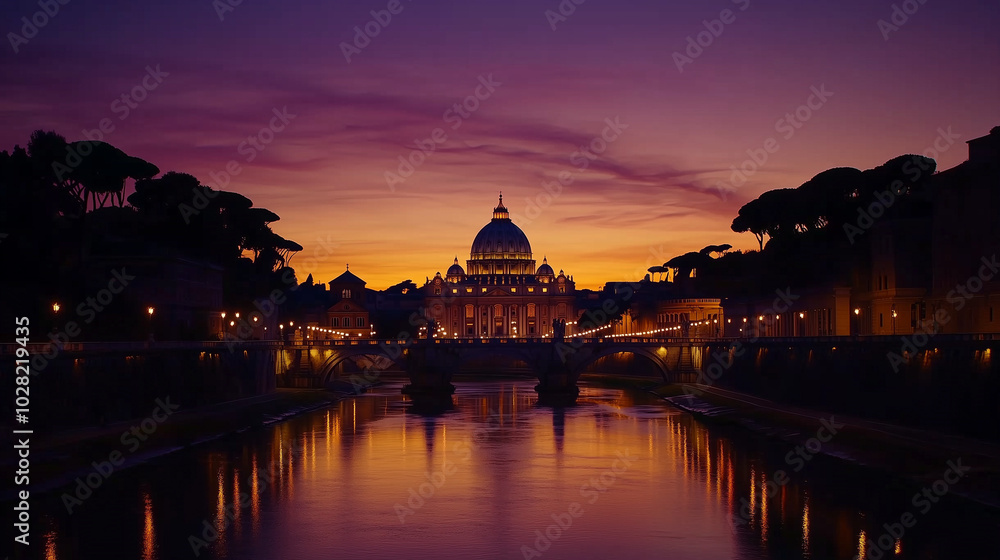 Fototapeta premium St. Peter's Basilica, seen from a distance at dusk, the silhouette of the large dome and bell tower clearly visible against the orange and purple sky, Ai generated images