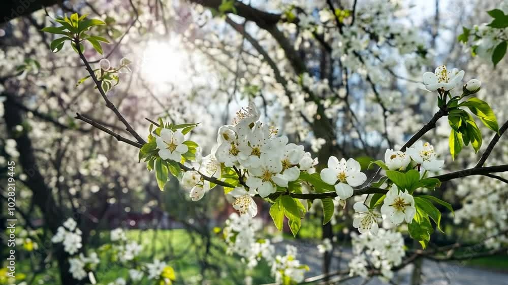White flowers on branches in the sun. Spring Tree blossoms in daylight with sun highlights through branches. White flowers on branches in the sun. Spring Tree blossoms in daylight with sun highlights through branches.