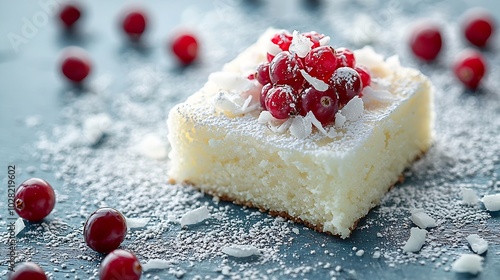 Blondie white chocolate cake brownie with cranberry and coconut on a white and blue wooden background : Generative AI