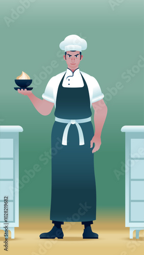Young confectioner chef. Culinary worker in a chef's hat and apron. Cook with dessert in his hand.Full-length character. Vector isolated illustration. Flat character portrait.
