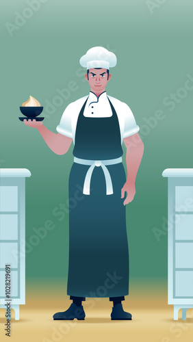 Young confectioner chef. Culinary worker in a chef's hat and apron. Cook with dessert in his hand.Full-length character. Vector isolated illustration. Flat character portrait.