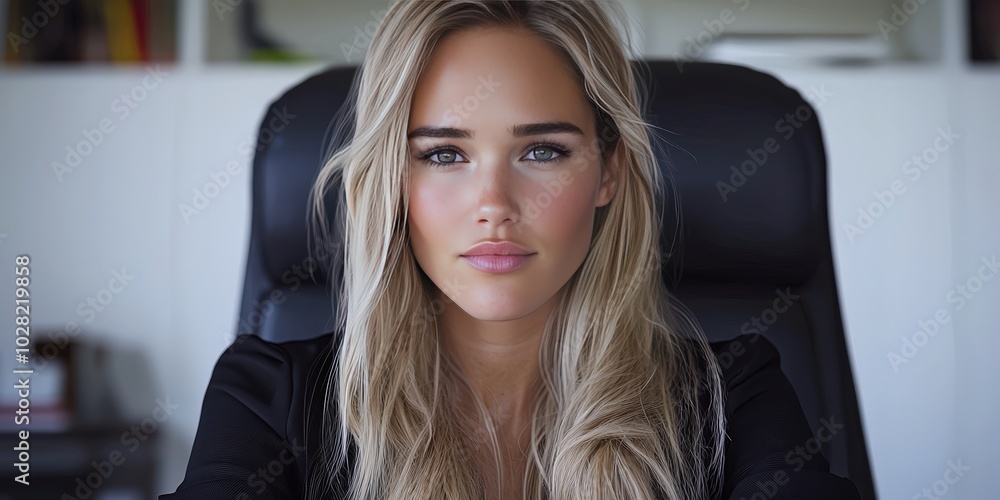 Confident Businesswoman Portrait in Black Blazer with Blonde Hair Confident Businesswoman Portrait in Black Blazer with Blonde Hair