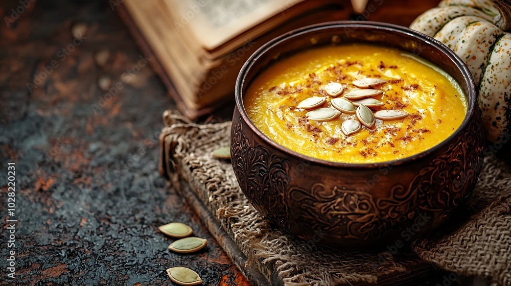 Pumpkin cream soup with pumpkin seeds in a vintage cooper roasting pan on a vintage book and textile canvas background : Generative AI Pumpkin cream soup with pumpkin seeds in a vintage cooper roasting pan on a vintage book and textile canvas background : Generative AI