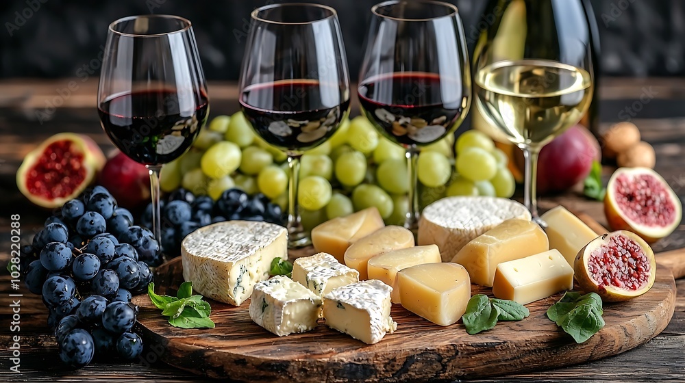 Cheese and fruits assortment on cutting board with red white wine on wooden background : Generative AI Cheese and fruits assortment on cutting board with red white wine on wooden background : Generative AI