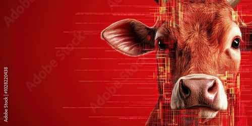 Digital Cow Portrait with Red and Gold Abstract Background