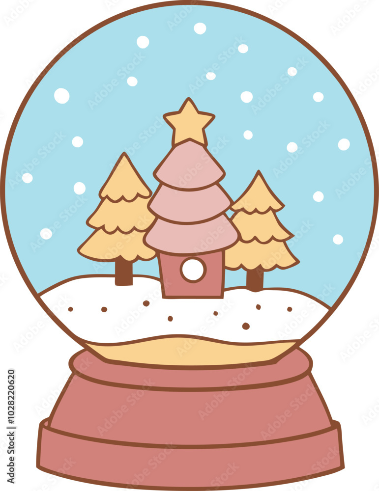 Whimsical winter snow globe with pastel trees and snowflakes in flat style Whimsical winter snow globe with pastel trees and snowflakes in flat style
