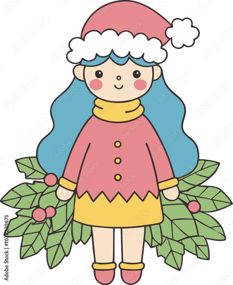Fototapeta premium Kawaii Christmas Girl with Holly and Santa Hat in Cute Cartoon Style