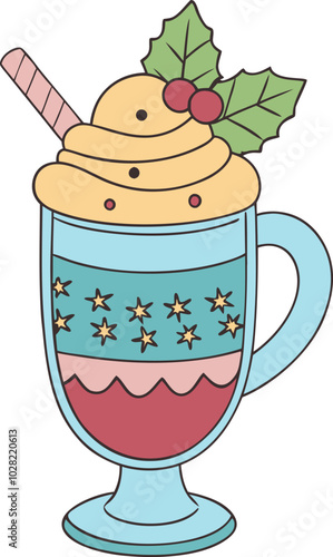 Festive holiday eggnog mug with holly and candy straw in style