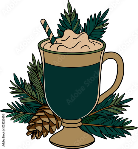 Festive eggnog illustration with pine branches and creamy texture in a warm holiday style