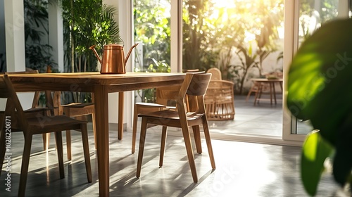 Modern wooden dining table and chairs with a copper watering can in a bright and airy room with large windows overlooking a tropical garden.