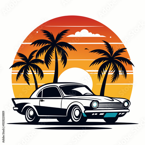 Wallpaper Mural sunset Vibes t-shirt design, black silhouette illustration vintage retro  retro car with palm trees and no people on a white background Torontodigital.ca