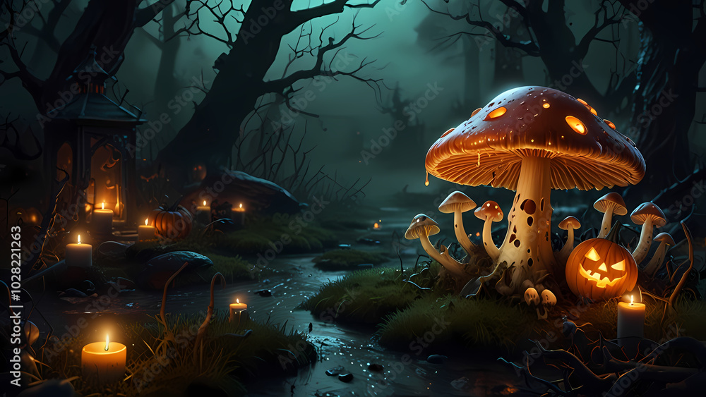 mushrooms In The Dark Forest with a Halloween theme mushrooms In The Dark Forest with a Halloween theme