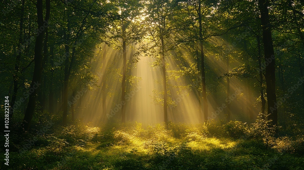 Obraz premium Serene Sunlight Filtering Through Forest Trees