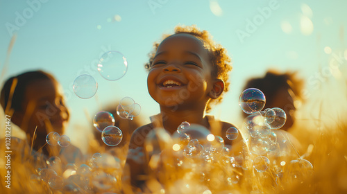 Joyful Child Playing with Bubbles in Golden Field