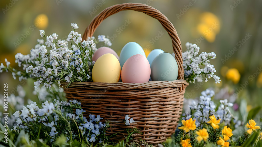 Easter Eggs in a Basket with Flowers. Easter Eggs in a Basket with Flowers.