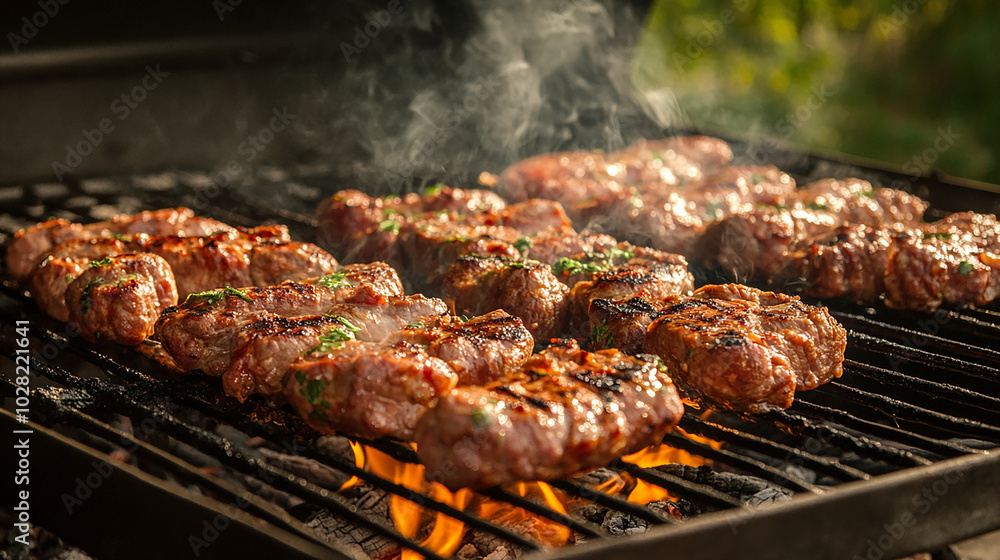 Barbecue grill full of marinated meats cooking over Barbecue grill full of marinated meats cooking over