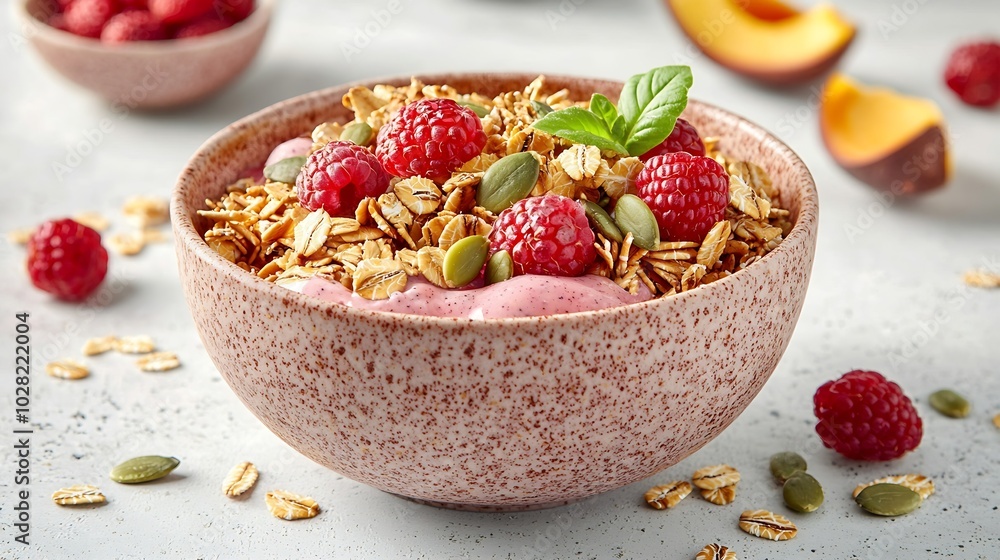 Healthy breakfast Maple syrup glazes oat granola with pumpkin seeds fresh berries and yogurt : Generative AI Healthy breakfast Maple syrup glazes oat granola with pumpkin seeds fresh berries and yogurt : Generative AI