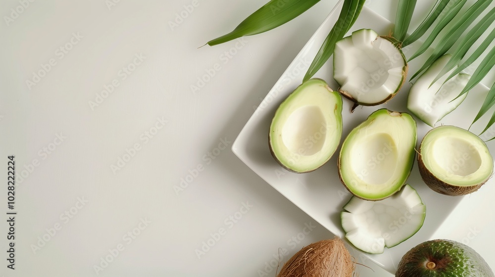 Avocado and coconut fruit slices organic real food on white plate healthy lifestyle Avocado and coconut fruit slices organic real food on white plate healthy lifestyle