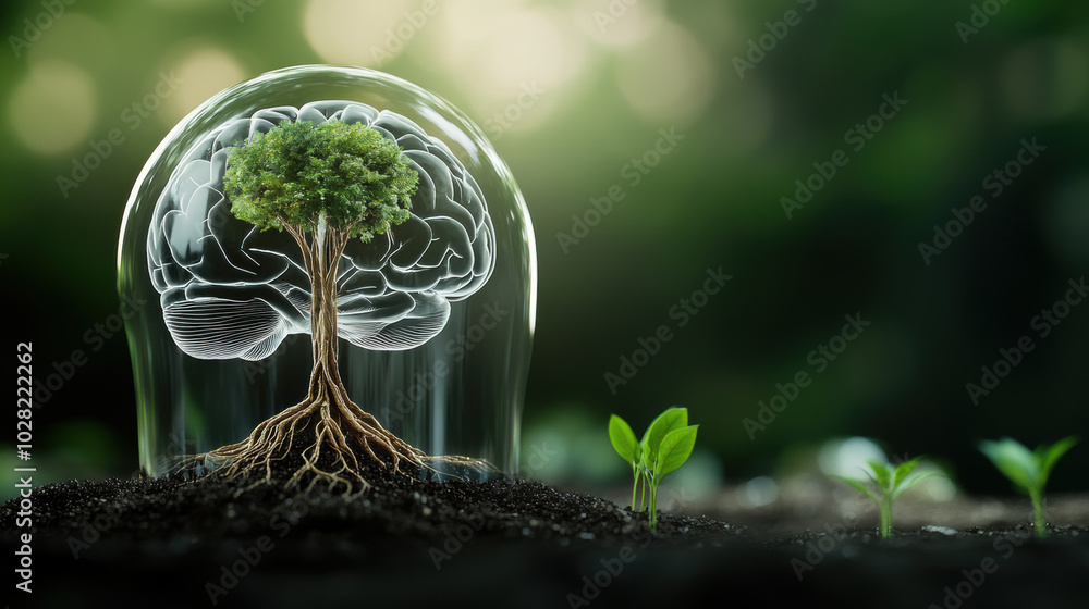 crystal brain encased in glass showcases vibrant tree with roots, symbolizing growth and connection to nature. This imaginative scene evokes sense of harmony and creativity crystal brain encased in glass showcases vibrant tree with roots, symbolizing growth and connection to nature. This imaginative scene evokes sense of harmony and creativity