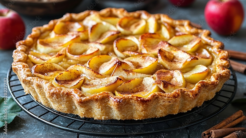 Apple galette pie tart with cinnamon on cooling rack on a grey stone background Top view : Generative AI Apple galette pie tart with cinnamon on cooling rack on a grey stone background Top view : Generative AI