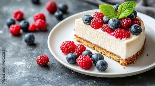 Cheesecake cream mousse cake with fresh berries on a white plate Grey stone background Selective focus : Generative AI