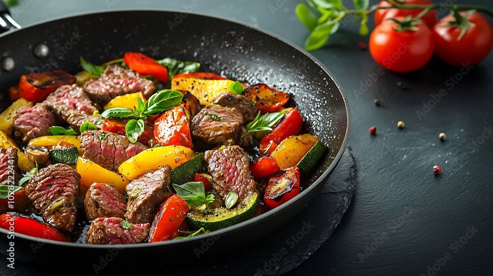 Beef and vegetables stir fry in a pan and rice Blue stone background Copy space Top view : Generative AI Beef and vegetables stir fry in a pan and rice Blue stone background Copy space Top view : Generative AI