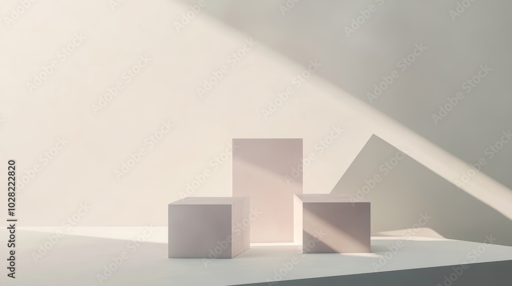 Minimalist Setup with Floating Cubes on Podiums Minimalist Setup with Floating Cubes on Podiums