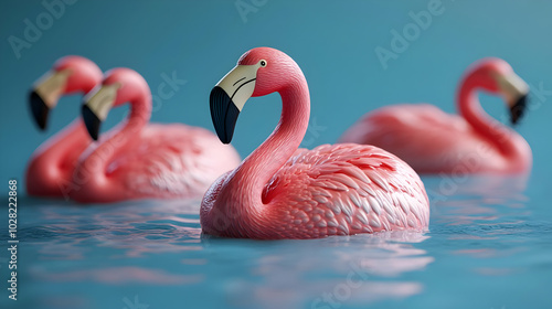 Pink Flamingos in Blue Water.