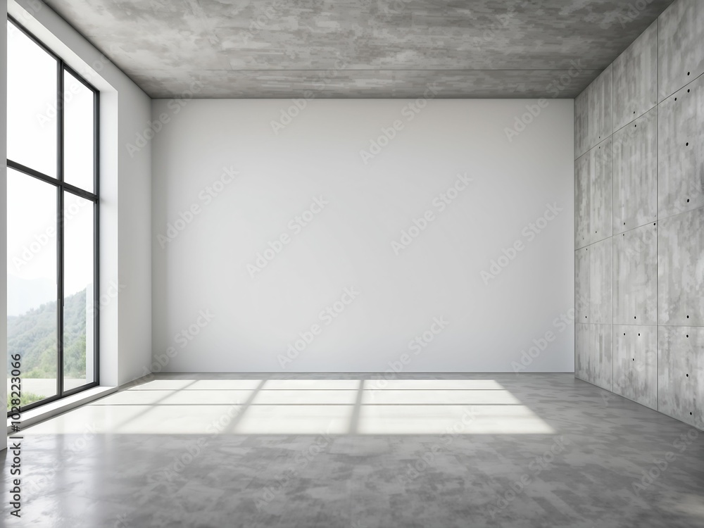 Modern empty room with big window, white walls and concrete floor 3D Render Modern empty room with big window, white walls and concrete floor 3D Render