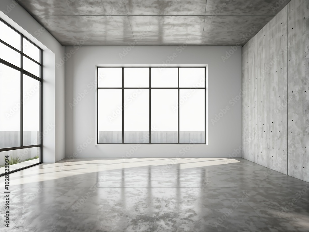Modern empty room with big window, white walls and concrete floor 3D Render Modern empty room with big window, white walls and concrete floor 3D Render