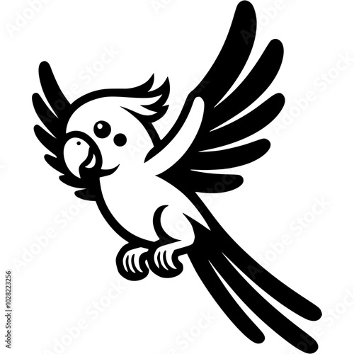 Tropical parrot flies to its owner with its wings spread wide in monochrome. Simple minimalistic vector in black ink drawing on transparent background