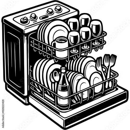 Kitchen dishwasher filled with dishes in monochrome. Simple minimalistic vector in black ink drawing on transparent background
