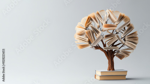 creative representation of tree made from book pages, symbolizing knowledge and growth. This artistic piece combines literature and nature, evoking sense of inspiration and imagination