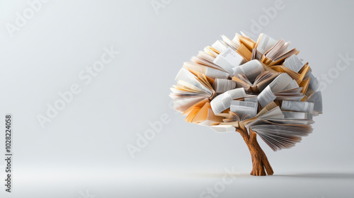 creative representation of tree made from open book pages, symbolizing knowledge and growth. This artistic piece evokes sense of imagination and inspiration